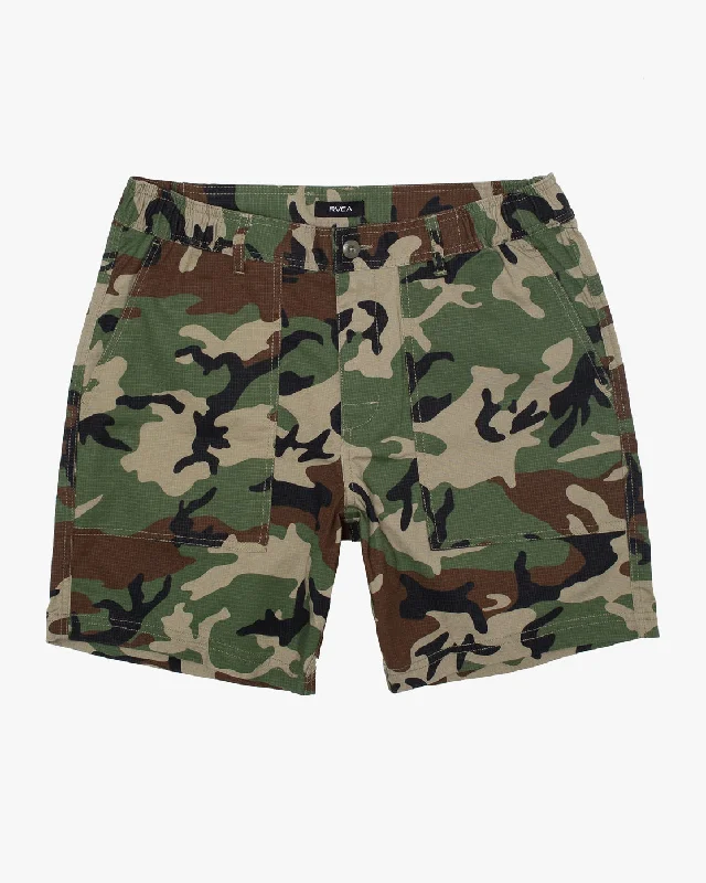 Men's plaid pattern wool blend shorts for a preppy fall style   All Time Surplus 17" Shorts - Woodland Camo