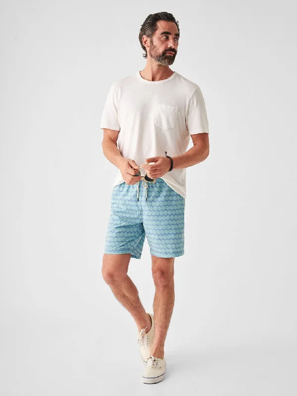 Men's button - fly denim work shorts for durability on the job   Faherty Beacon Trunk 7'' in Teal Rolling Seas