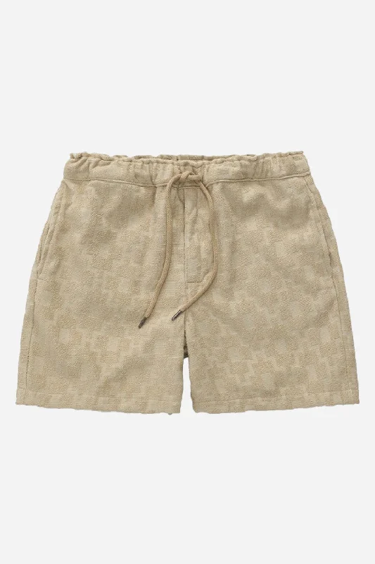 Men's ripped denim shorts for a trendy streetwear aesthetic   OAS Beige Machu Terry Shorts