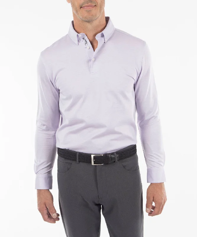 Men's stretchable athletic polo shirts for fitness workoutsSignature Cotton Knit Long-Sleeve Button-Down Collar Button-Cuff Polo Shirt