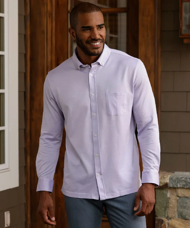 Men's two - tone stripe polo shirts with a preppy styleSignature Cotton Knit Long-Sleeve Button-Down Sport Shirt