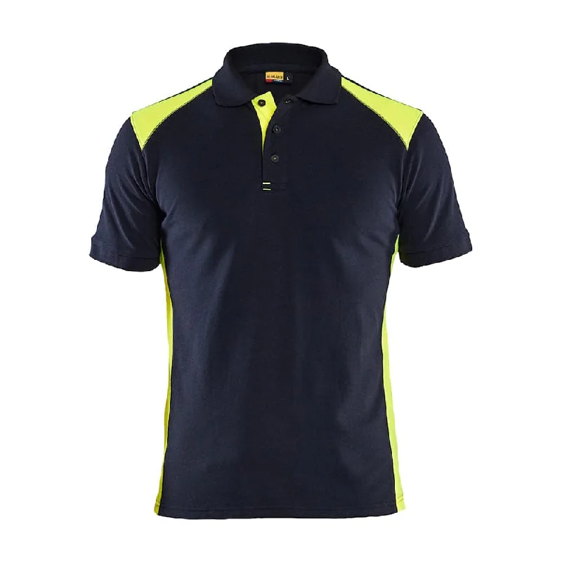 Men's jacquard woven polo shirts with intricate designsBlaklader 3324 Short Sleeve Polo Shirt Dark Navy Blue / Hi-Vis Yellow