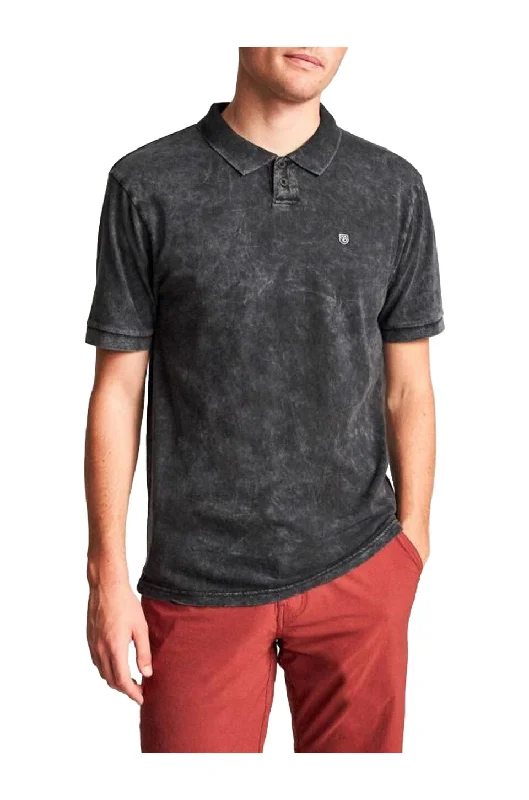 Men's zip - pocket canvas shorts for added functionality during travel   Brixton Wales Short Sleeve Polo In Black Acid Wash