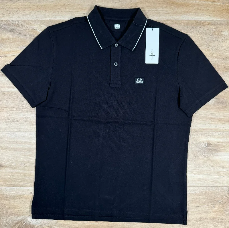 Men's long sleeve classic fit polo shirts with embroidered logosC.P. Company Stretch Piquet Striped Collar Polo Shirt in Black