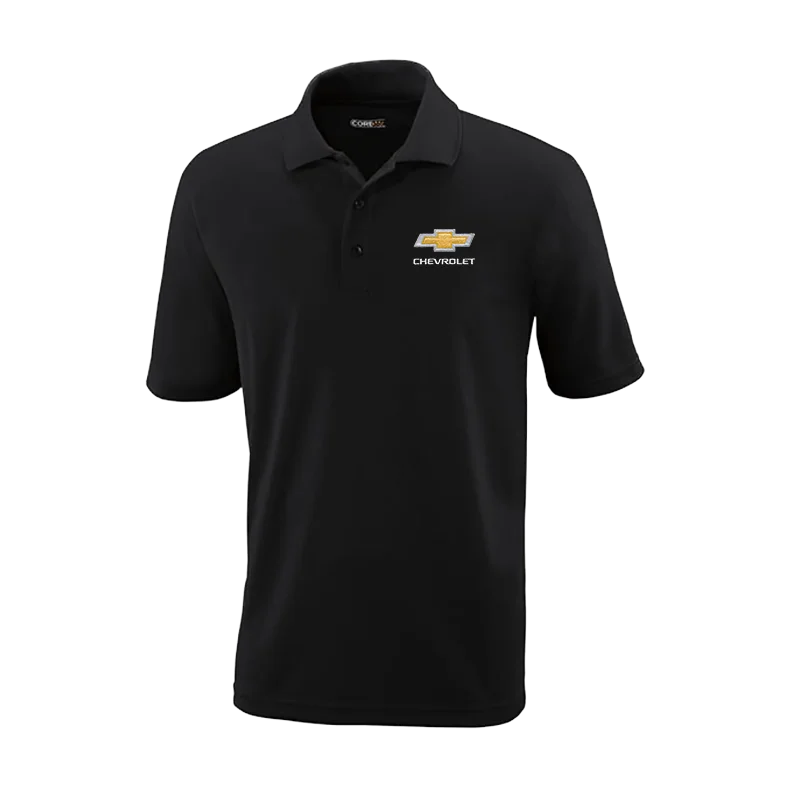 Men's long sleeve classic fit polo shirts with embroidered logosChevrolet Gold Bowtie Black Performance Pique Polo