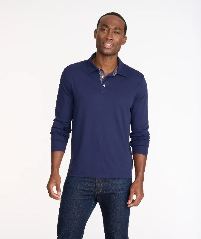 Men's breathable cotton blend polo shirts for summer outingsWrinkle-Free Damaschino Long-Sleeve Polo with Contrast Placket - FINAL SALE
