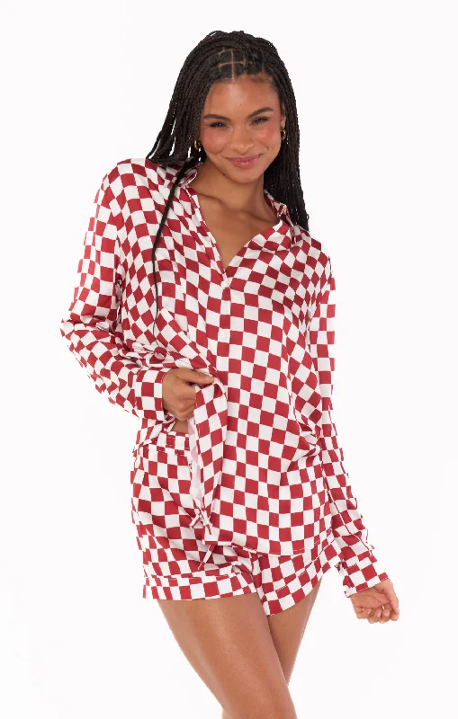 Men's checkered pattern wool shorts for a stylish winter layering option   Early Riser PJ Set ~ Red Checker Silky