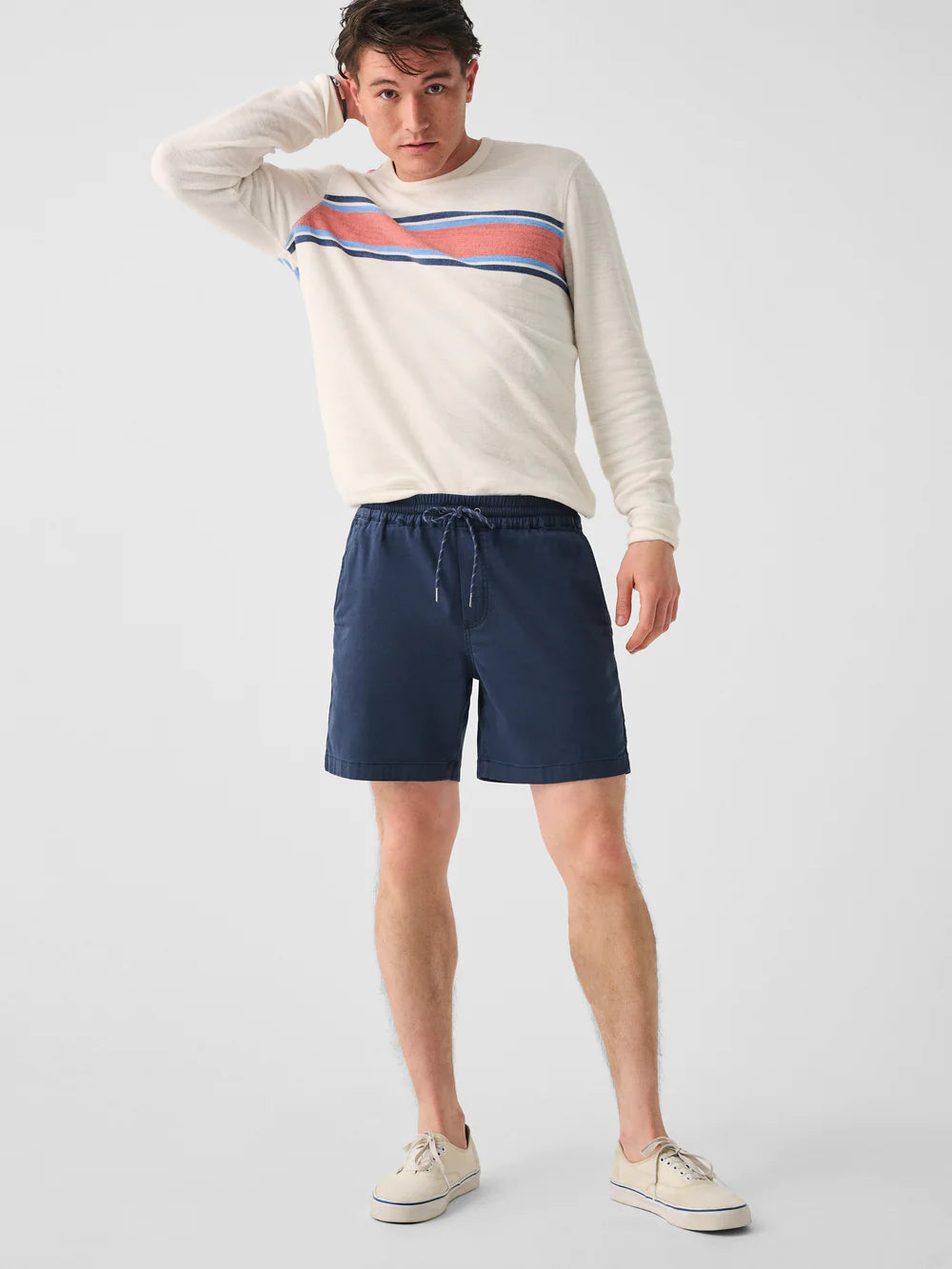 Men's drawstring casual linen shorts for a laid - back summer look Faherty Essential Drawstring Short Washed Navy
