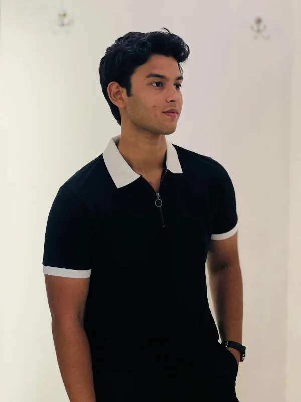 Men's two - tone stripe polo shirts with a preppy styleTextured Zip Knit Polo- Metro Edition  | Black