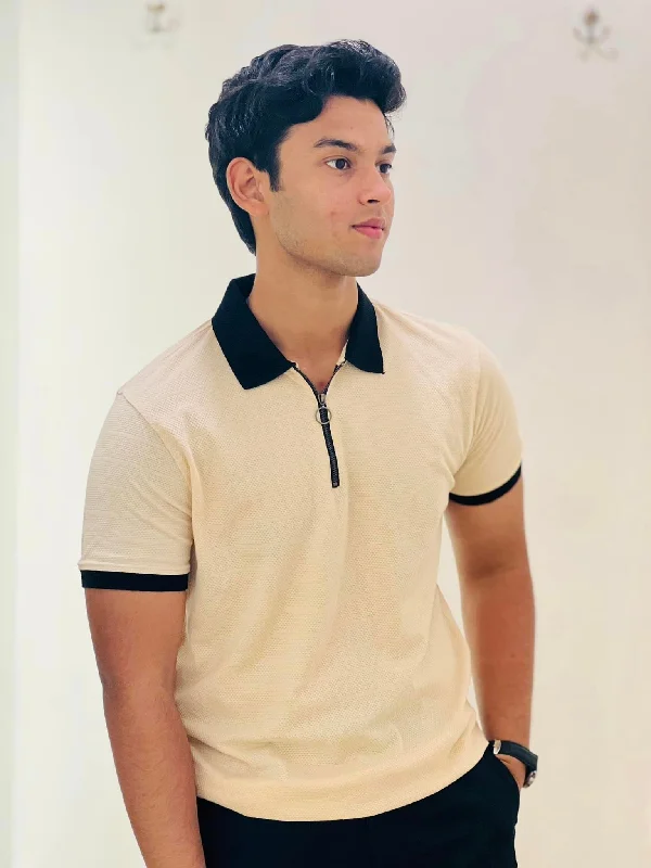 Men's two - tone stripe polo shirts with a preppy styleTextured Zip Knit Polo- Metro Edition  | Beige