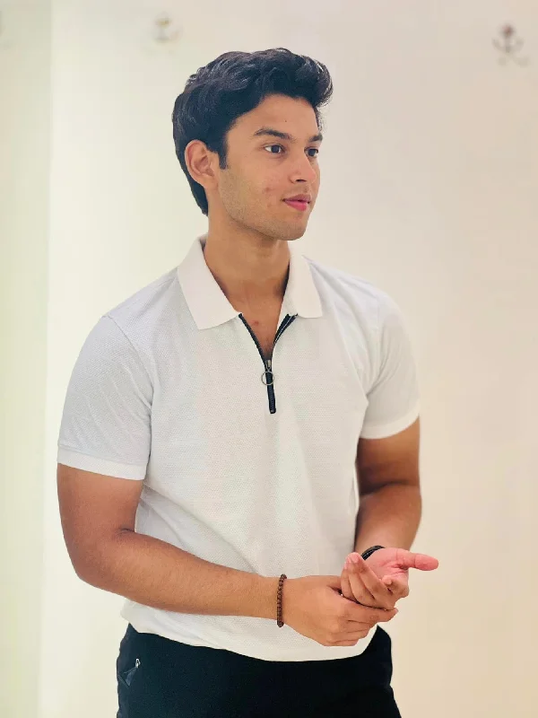Men's budget - friendly basic polo shirts in multiple colorsTextured Zip Knit Polo- Metro Edition | Blueish White