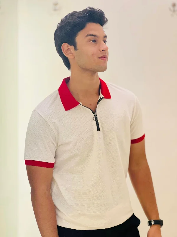 Men's UV - protected polo shirts for outdoor gardeningTextured Zip Knit Polo- Metro Edition  | Cream