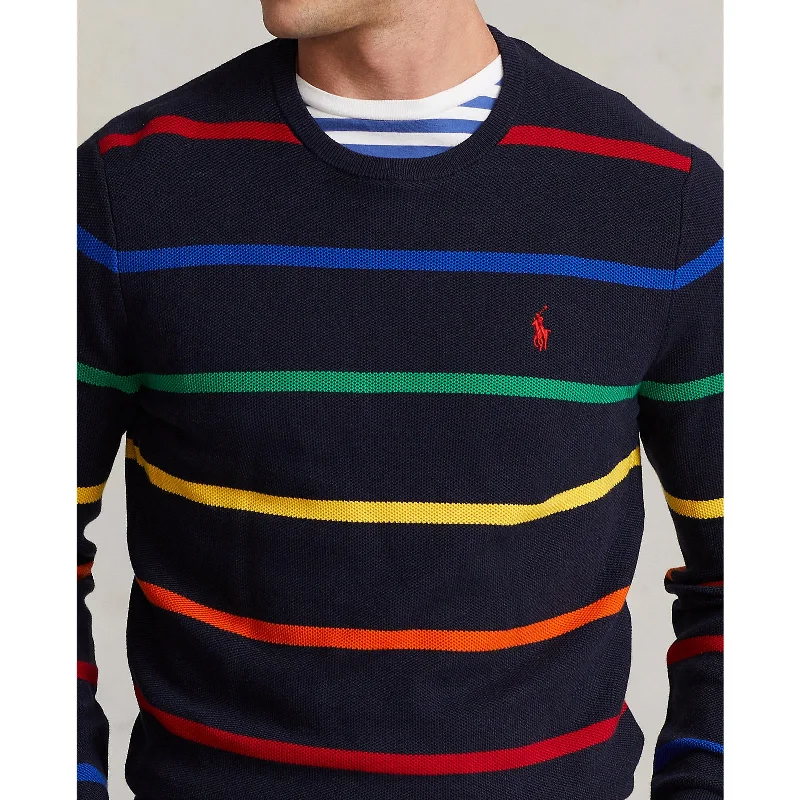 Men's lightweight performance polo shirts for tennis matchesStriped Mesh Knit Cotton Sweater - Navy