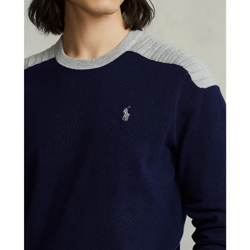 Men's two - tone stripe polo shirts with a preppy styleCotton Blend Crew Neck Sweater - Navy/Grey