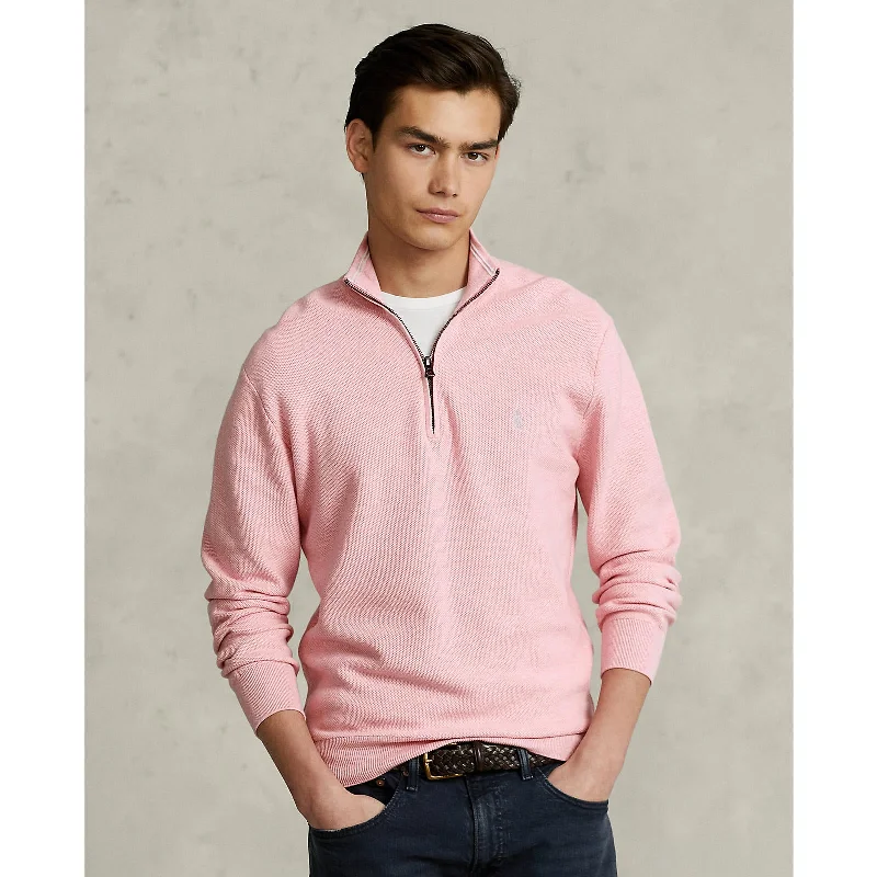 Men's luxury cashmere blend polo shirts in solid colorsMesh Knit Cotton Quarter Zip Pullover - Pink Heather
