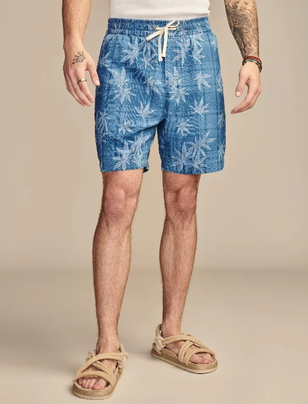 Men's distressed cotton shorts for a bohemian - inspired style   Lucky Brand Men's Highest Quality Patchwork Leaf Indigo 7" Pull-On Short