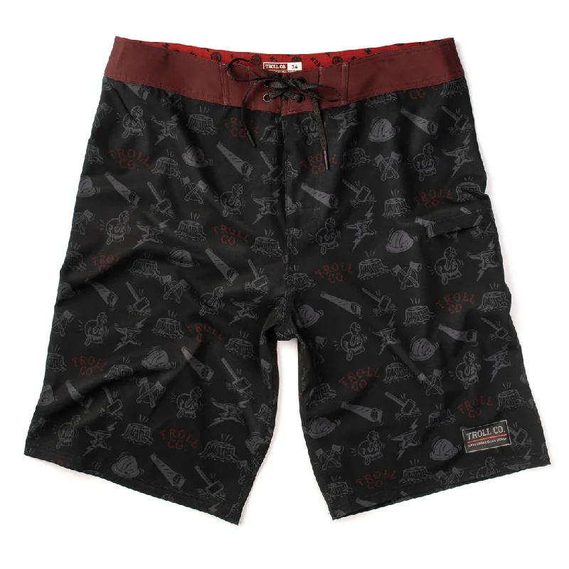 Men's high - waisted swim shorts with UPF protection for beach vacations   Lumberjack Boardshort: Maroon, Black