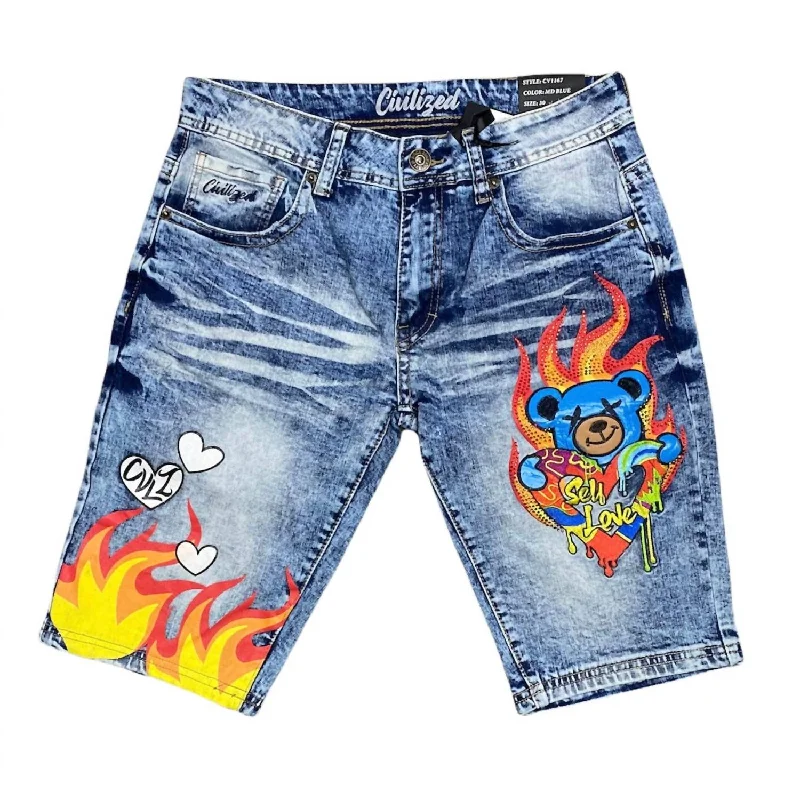 Men's elastic waistband lounge shorts for lazy weekends at home   Men's Self Love Bear Denim Short In Blue