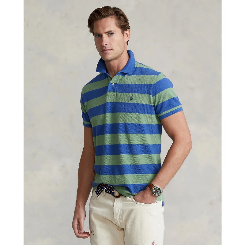 Men's button - down spread collar polo shirts for business casualPolo Ralph Lauren - Custom Fit Mesh Polo - Stripe - Green & Blue
