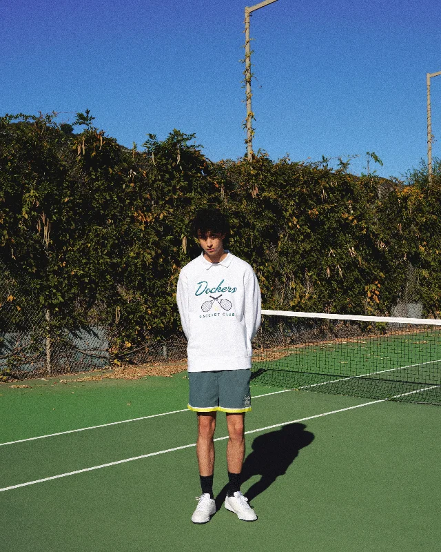 Men's pleated front twill shorts for a classic and sophisticated appearance   Racquet Club Collared Sweatshirt, Relaxed Fit