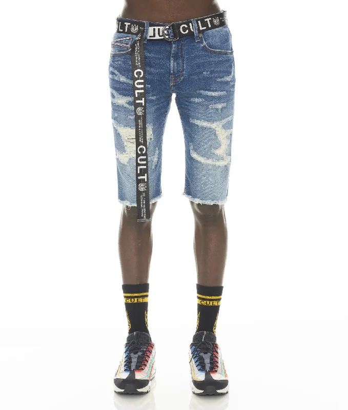 Men's distressed cotton shorts for a bohemian - inspired style   ROCKER SHORT STRETCH BELTED IN RAZOR