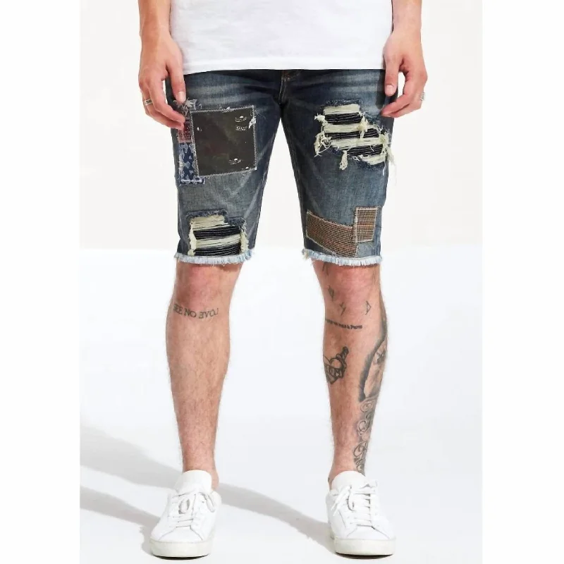 Men's button - fly denim work shorts for durability on the job   Sashi Short In Indigo Patch