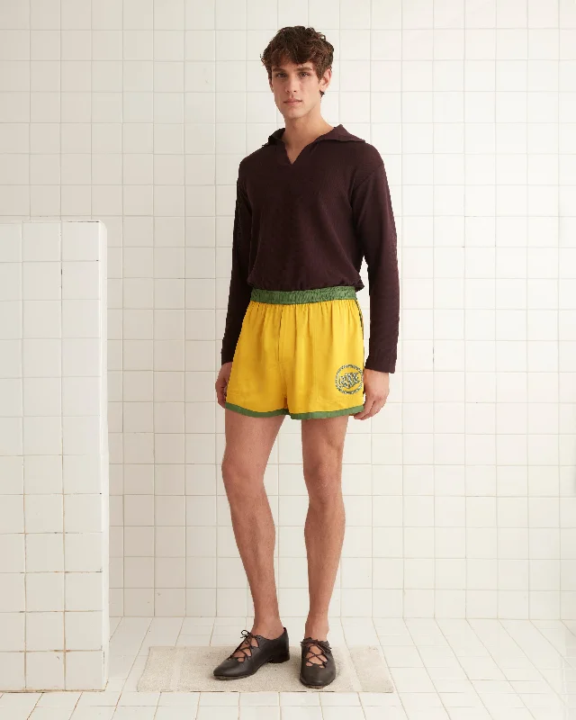 Men's distressed cotton shorts for a bohemian - inspired style   Satin Gym Shorts - Yellow