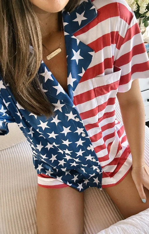 Men's drawstring casual linen shorts for a laid - back summer look Sunday Morning PJ Set ~ American Flag Print