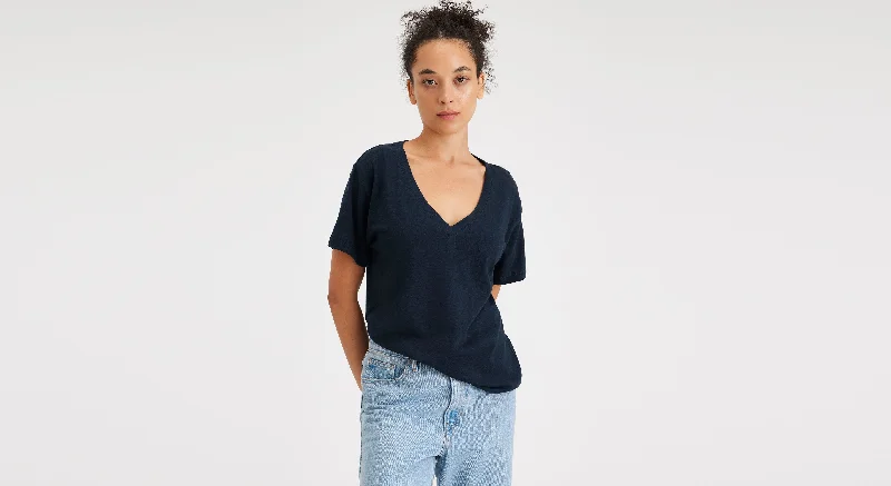 Men's pleated front twill shorts for a classic and sophisticated appearance   Women's Deep V-Neck Tee Shirt
