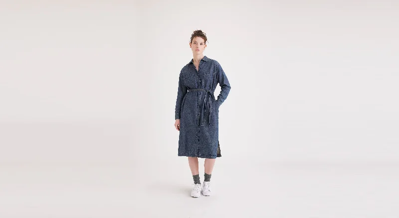 Men's button - fly denim work shorts for durability on the job   Women's Relaxed Fit Midi Dress