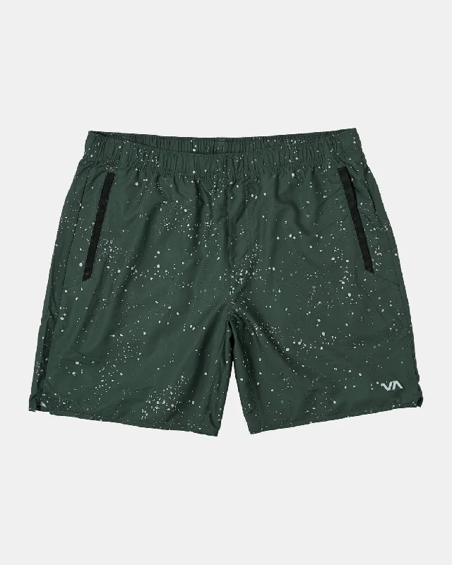 Men's distressed cotton shorts for a bohemian - inspired style   Yogger IV 17" Athletic Shorts - Dk Olive Splatter